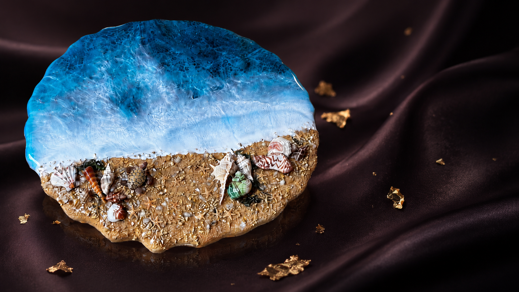 Round resin beach disc with a blue ocean and shell-strewn sand, resting on dark plum silk scattered with gold leaf
